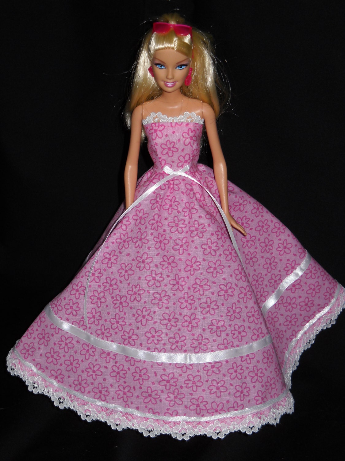 3 Piece Outfit Barbie Doll Dress Handmade Pink w/ Flowers Gown w/ Boa ...