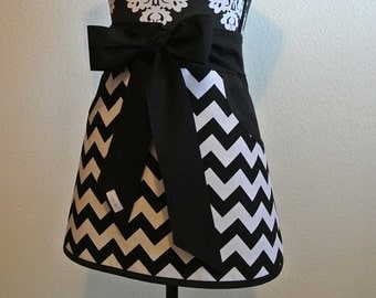 Black and White Chevron Adult Half Apron with Pockets