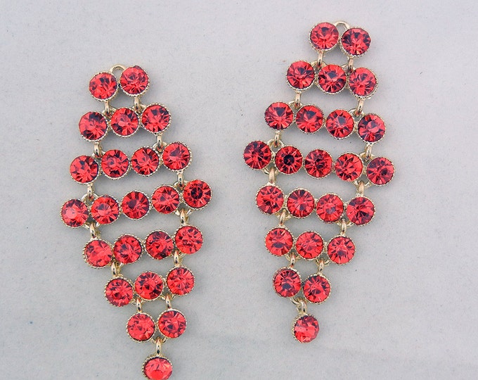Pair of Red Rhinestone Drop Charms Gold-tone