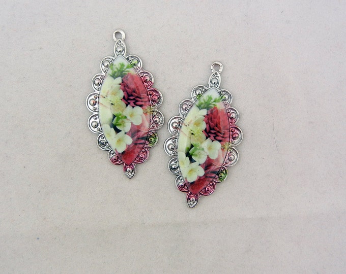Pair of Silver-tone Flower Print Drop Charms Marquis Shape