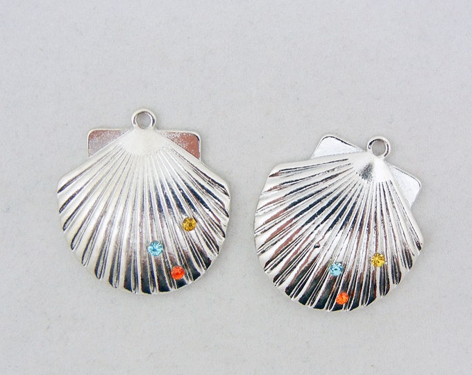 Pair of Silver-tone Shell Charms with Multi Colored Rhinestones