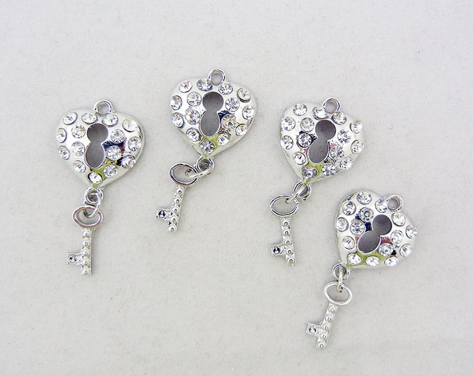 Set of 4 Silver-tone Heart Lock and Key Charms Rhinestones