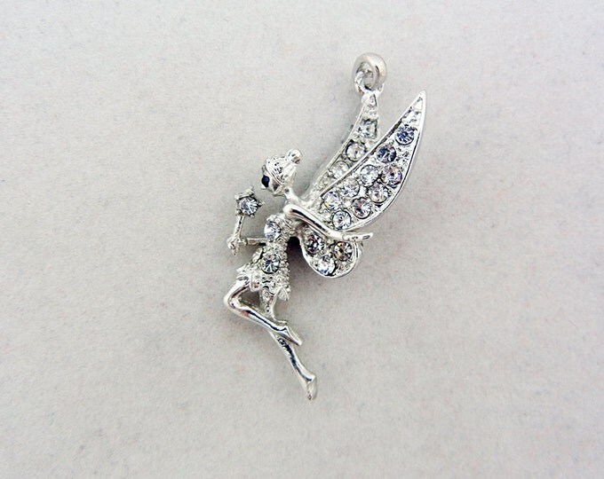 Dimensional Rhinestone Winged Fairy Pendant Silver-tone