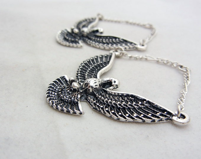 Pair of Antique Silver-tone Dove Charms with Wings Spread and Chain