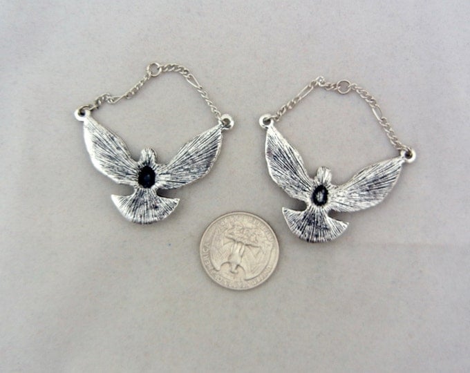 Pair of Antique Silver-tone Dove Charms with Wings Spread and Chain