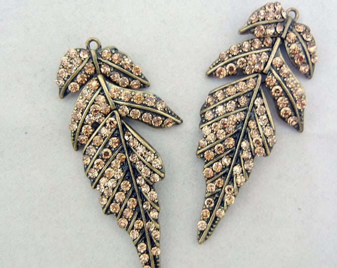 Pair of Antique Gold-tone Topaz Rhinestone Leaf Charms Rhinestones