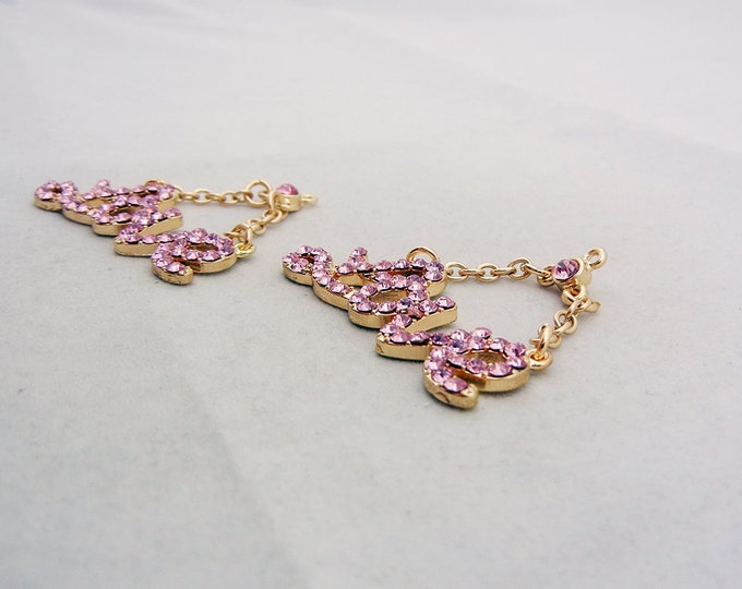 Pair of Pink Rhinestone Love Charms Gold-tone Double Link Chain