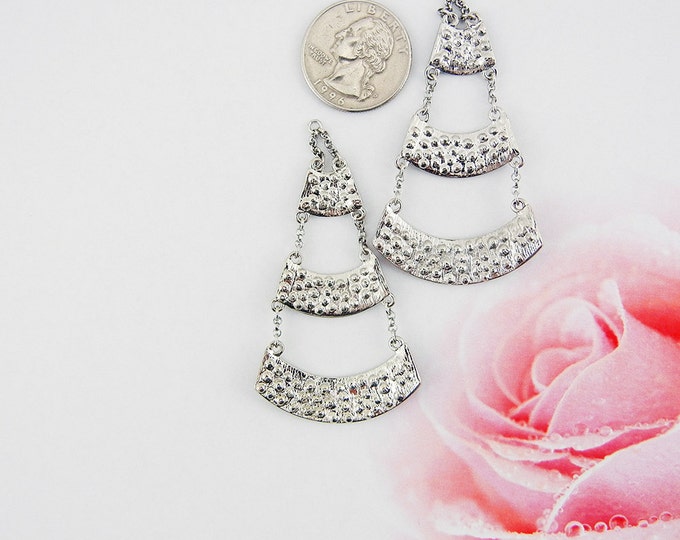 Pair of 3 Tiered Floral Pink and Aurora Borealis Rhinestone Drop Charms Silver-tone