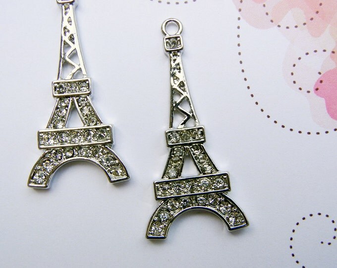 Pair of Long Silver-tone Rhinestone Eiffel Tower Charms