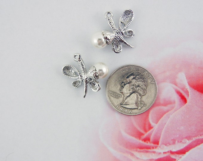 Pair of Silver-tone Butterfly Charms with Faux Pearl