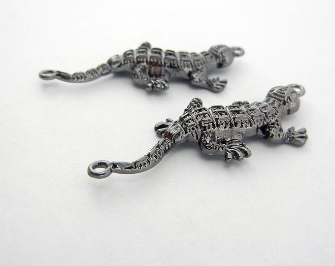 Two Hematite Dark Silver-tone Double Link Lizard Charm Pendants Textured