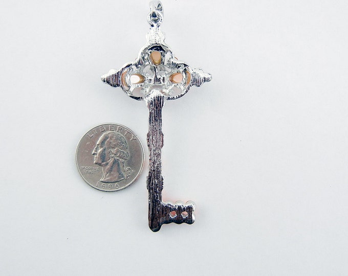 Orange Rhinestone Skeleton Key Silver-tone