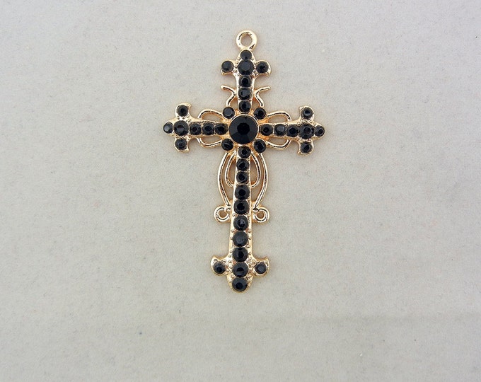 Gold-tone Filigree Cross Pendant Black Rhinestones