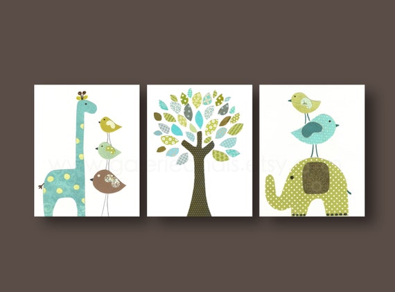 Baby Boy Nursery Decor Kids wall art Elephant nursery art Giraffe nursery Aqua blue green nursery wall art bird Tree - Set of three prints by GalerieAnais