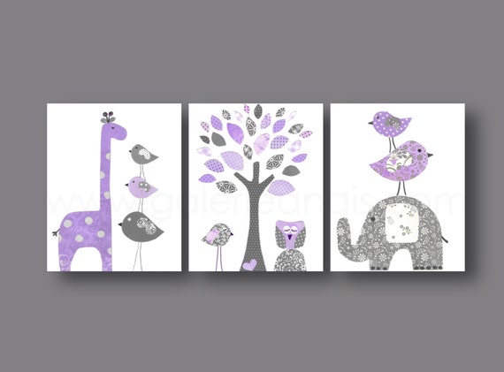 Baby girl nursery art nursery wall art kids art giraffe elephant tree Birds owl purple gray Set of three prints by GalerieAnais