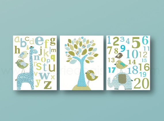 Blue and green Nursery art baby boy nursery nursery wall art alphabet giraffe numbers elephant bird tree set of three prints by GalerieAnais
