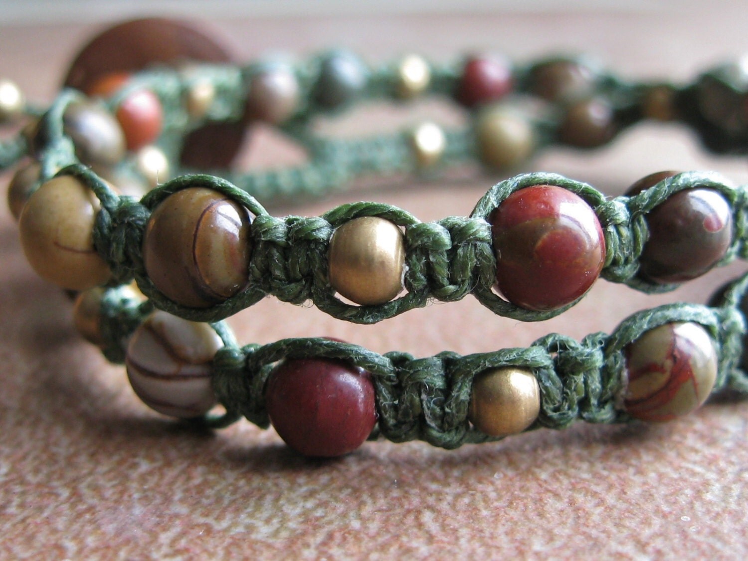 Jasper and Brass Macrame Wrap Bracelet