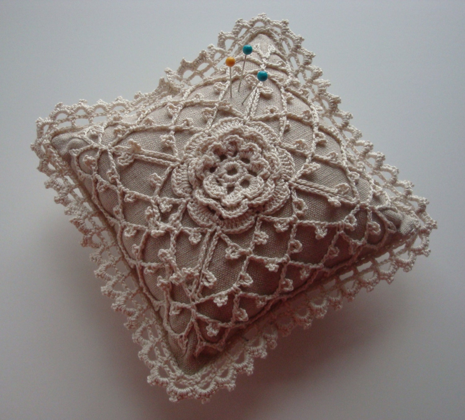 Pin Cushion Crochet Rose Lace and Linen by DesignsByChristianna