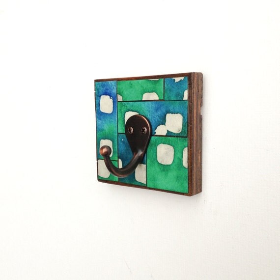 Items similar to Teal Wall Hook Handmade Paper Blue Green Abstract