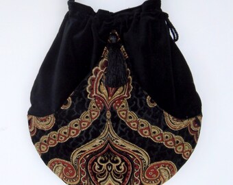 Black Velvet Tapestry Pocket Boho Bag Drawstring Bag Bohemian Bag Crossbody Purse
