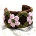 On Sale Marked Down 25% Crochet Bracelet Fiber Bracelet Cuff Chocolate Brown Pink Olive Green Flower Motif