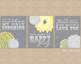 You are My Sunshine Nursery / Kids Room Giclée Art Prints // 3 Print Set // Custom match colors to your nursery/room // N-G03-3PS AA1