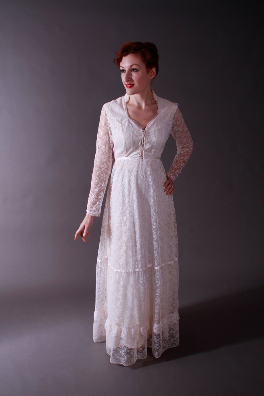 Vintage 1970s Wedding Dress Renaissance Lace Corset Bodice