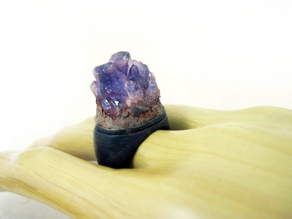 Kiss the Ground. Raw Amethyst crystal on chunky oxidized ring.