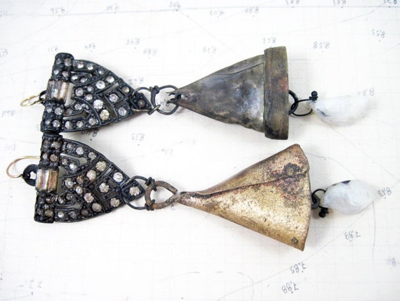 Between the Stars. Victorian Tribal Assemblage Earrings with Bell, Frosting Tip and Rhinestones.