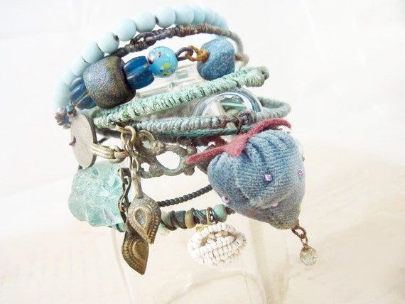 Liquid Light 3. Blue Green Rustic Gypsy Bangle Stack, bracelet set.