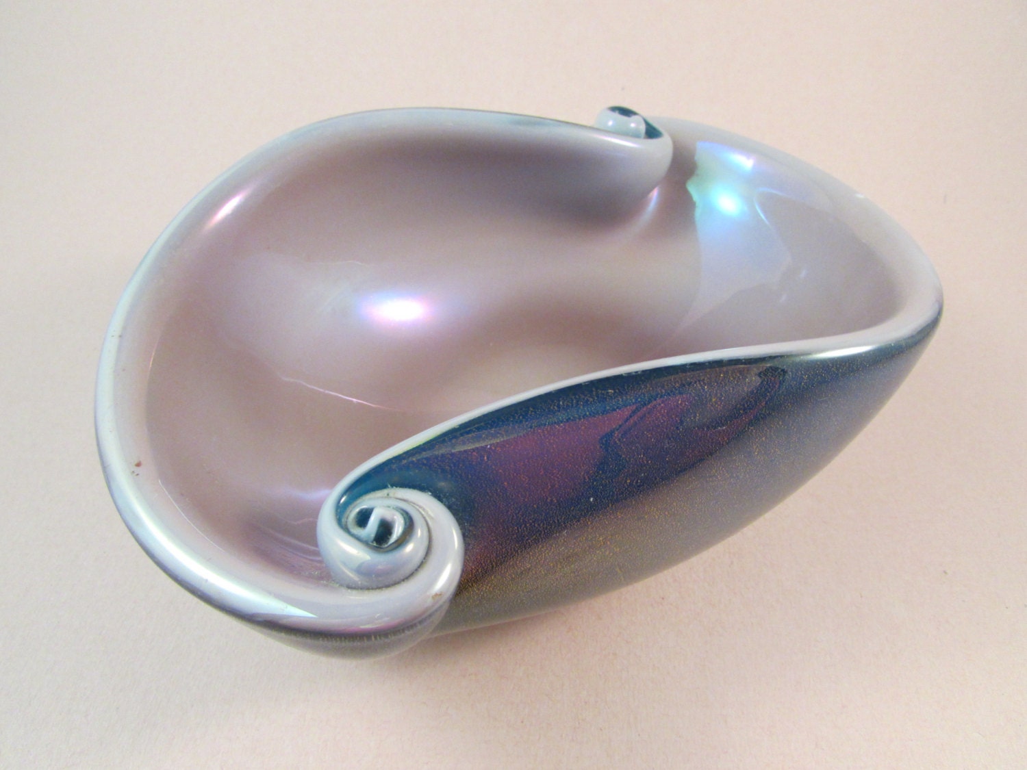 Vintage Murano Art Glass Bowl Blue Mauve and Gold Flecks