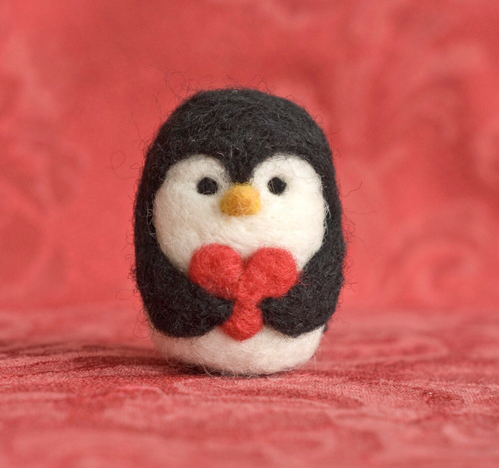 Needle Felted Penguin Valentine Heart by scratchcraft on Etsy