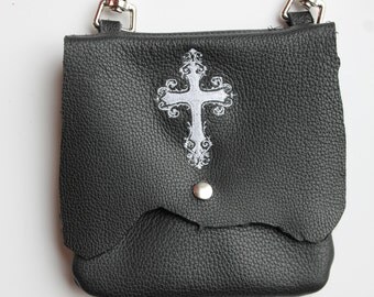 Leather Hip Bag with Machine Embroidered Cross