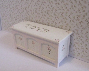 Miniature Toy chest , nursery toy chest, toys, dollhouse toys, Pink and White, twelfth scale dollhouse miniature