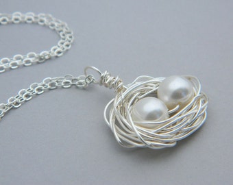 Mother's Day - Two Child Bird's Nest Necklace -- Sterling, Pearls, Two kids, White, Beige, Ivory, OOAK, Mother's Day, Baby Shower, Mom