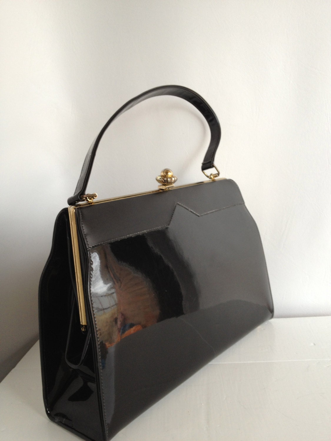 Black Glossy Patent Leather Vintage Handbag Purse Rockabilly