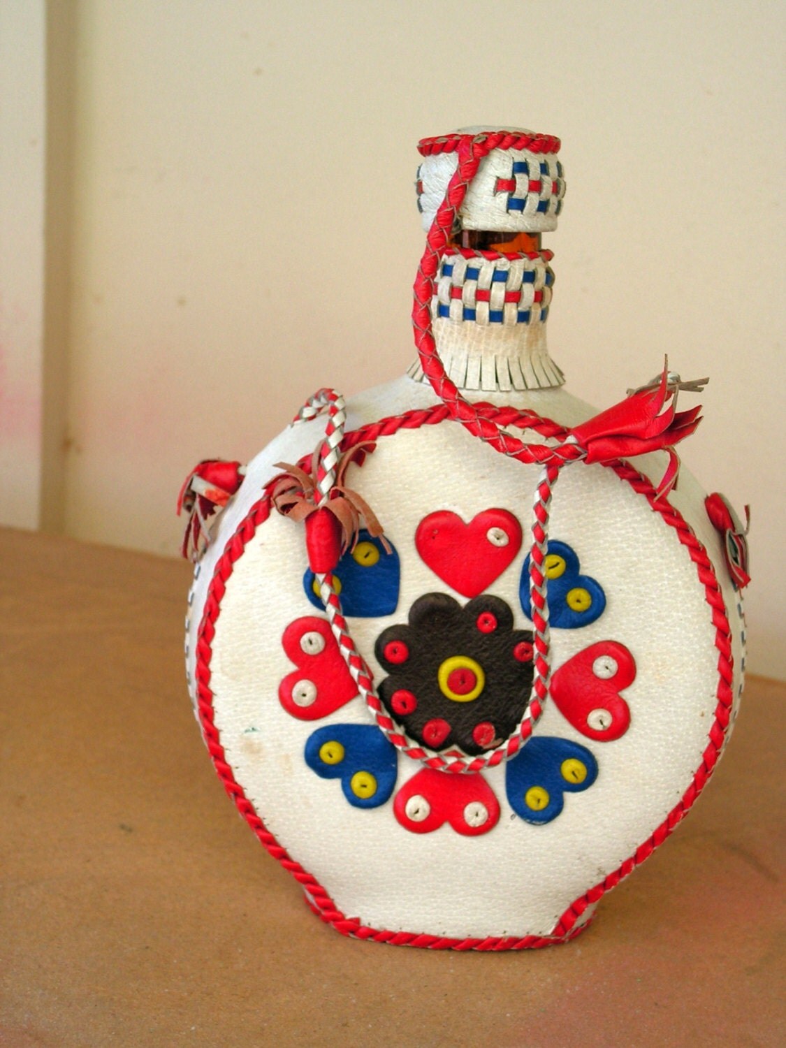 Leather Wrapped Glass Canteen Bottle Red White by retrosideshow