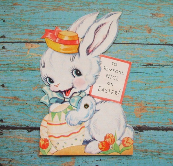 Vintage Bunny with Egg Mechanical Easter Greeting Card