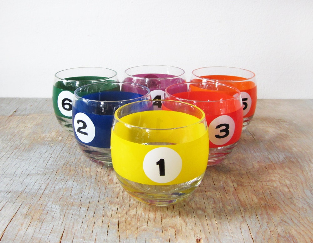 vintage billiards cocktail glasses / 1960s cera pool ball roly