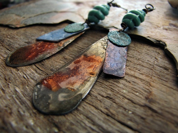 kinship - artisan salvage earrings - handcut tin - vintage glass beads