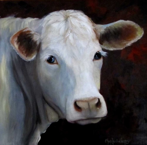 Fair Lady Cow Painting Charolais White Gray Cow 14x14x1.5 Deep