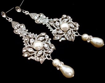 Bridal earrings, Pearl Wedding earrings, Wedding jewelry, Chandelier earrings, vintage style earrings, antique silver earrings, AVA