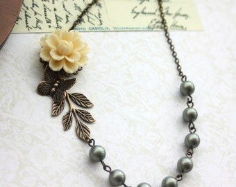 An Ivory Rose Flower, Flying Butterfly, Matte Green Olive Green Pearls Necklace. Bridesmaids Gifts Necklace. Maid of Honor. Nature Garden