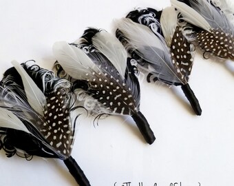 Feather Boutonniere Lapel Pin in Black White and Ivory Feathers - COLWELL
