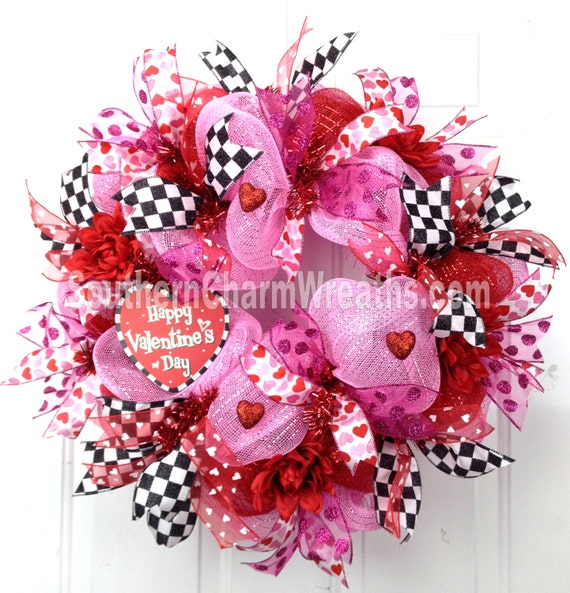 FuNkY Deco Mesh HAPPY VALENTINE Wreath Pink Red Black Checked