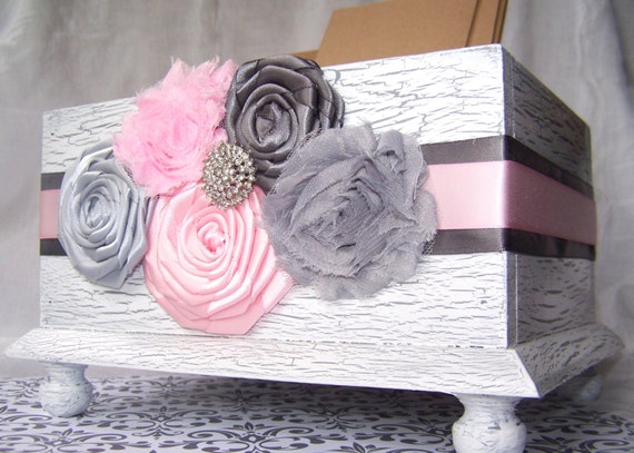 Wedding Card BOX -  Modern Shabby style, Pink and Grey, White Shabby Chic Box, Custom colors available