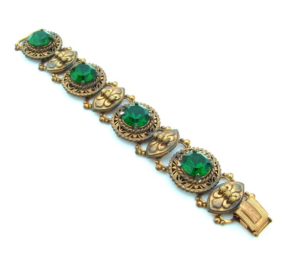 Antique Victorian Bracelet Chunky Emerald Green Glass Fleur De