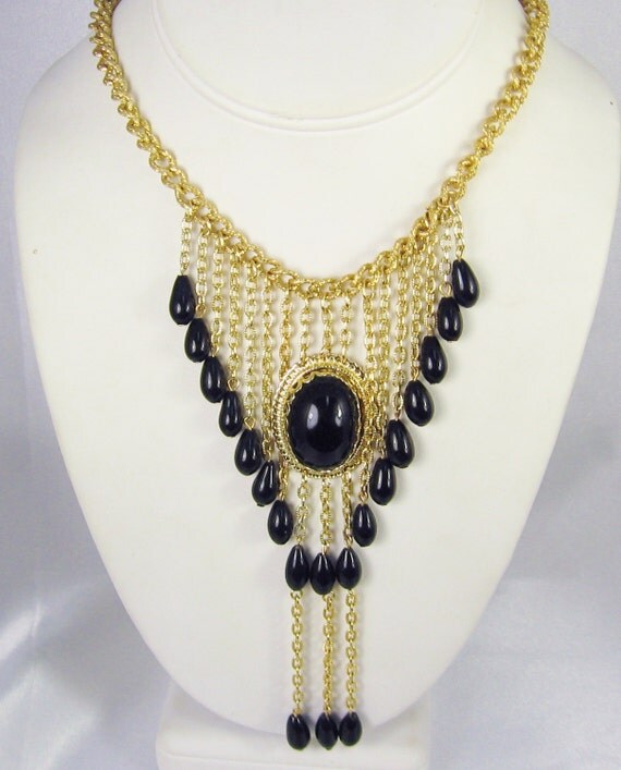 Vintage Gold Tone Metal and Black Glass Drape Bib Necklace