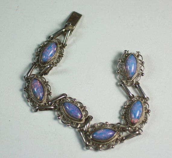 Vintage Faux Opal Bracelet Sterling Filigree Mexico
