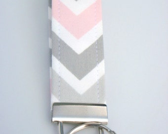 Wristlet Key Fob / Key Chain -Chevron / Bella - Gray, Light Pink, White